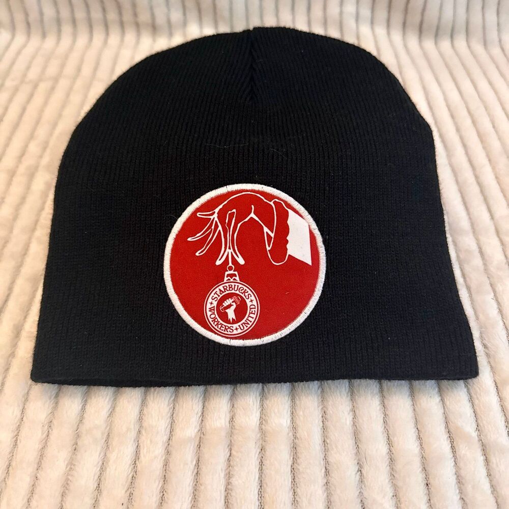 Starbucks Black Knit Beanie Hat Workers United Logo